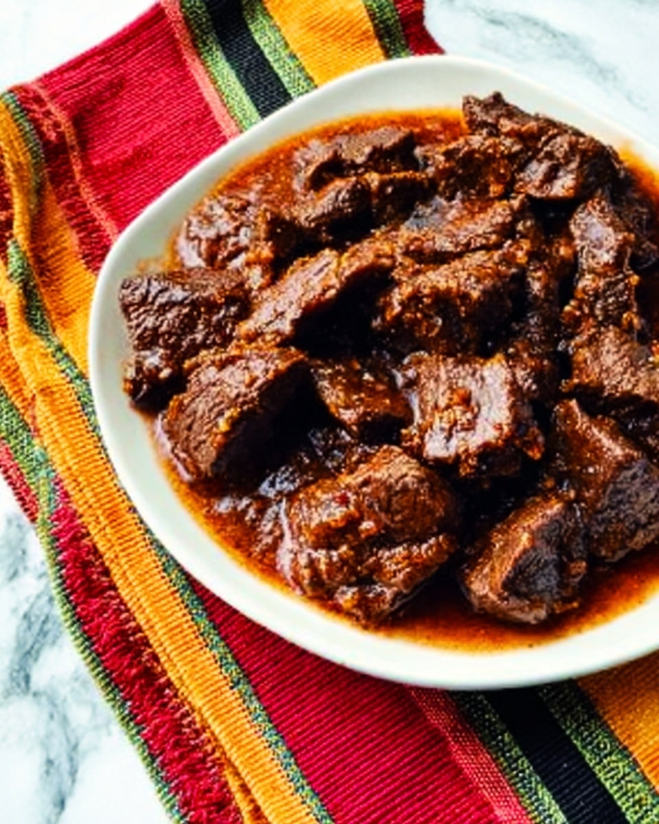 A white plate filled with dark brown, thick cooked beef pieces covered in rich, reddish-brown sauce sits on a colorful striped cloth with red, yellow, green, and black stripes. The beef looks tender and chunky with a slightly shiny texture of sauce coating it well. The plate is placed on a white marbled surface. photo taken with an iphone --ar 4:5 --v 7
