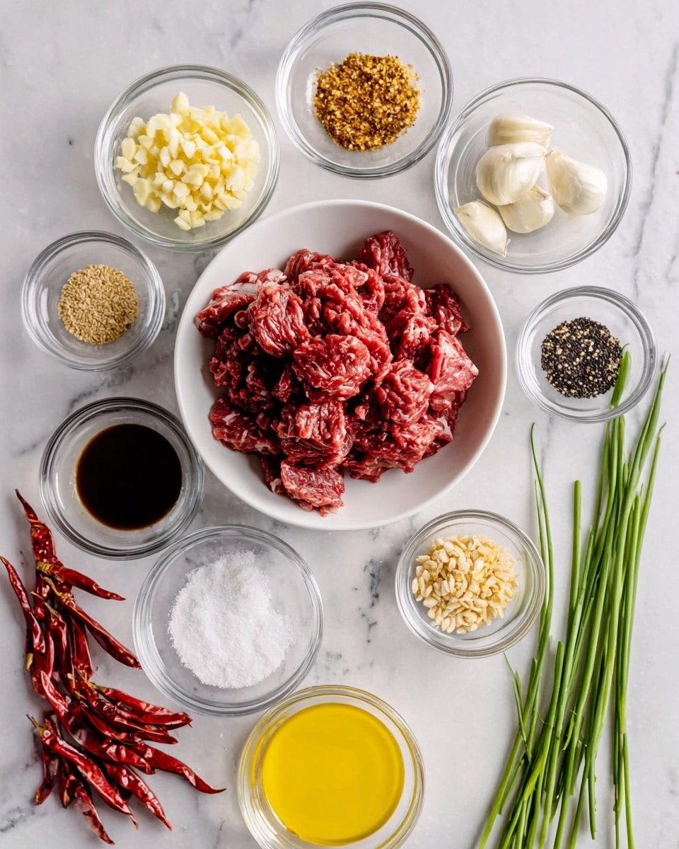 A white bowl filled with red sliced meat sits at the center. Surrounding it are small clear bowls and dishes arranged neatly in a circle. They hold light yellow chopped garlic, golden brown crushed peanuts, white granulated sugar, thick white mayonnaise, dark brown liquid sauce, bright yellow cooking oil, mixed black and white sesame seeds, pale yellow chopped ginger, light brown crushed chili peppers, and clear water. Fresh green chives and whole red dried peppers lay beside the bowls on a white marbled surface. Photo taken with an iphone --ar 4:5 --v 7