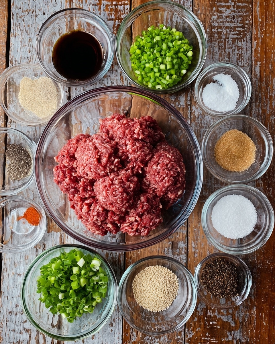 A clear glass bowl in the center holds a large pile of raw ground meat, pinkish red with a slightly chunky texture. Around this bowl, smaller clear glass bowls are arranged, each containing different ingredients: bright green chopped scallions, dark brown liquid, white granules, light tan powder, white sesame seeds, dark brown sugar, red pepper flakes, white powder, crushed black pepper, and water. All bowls are placed on a wooden surface with a rustic, weathered finish. Photo taken with an iphone --ar 4:5 --v 7