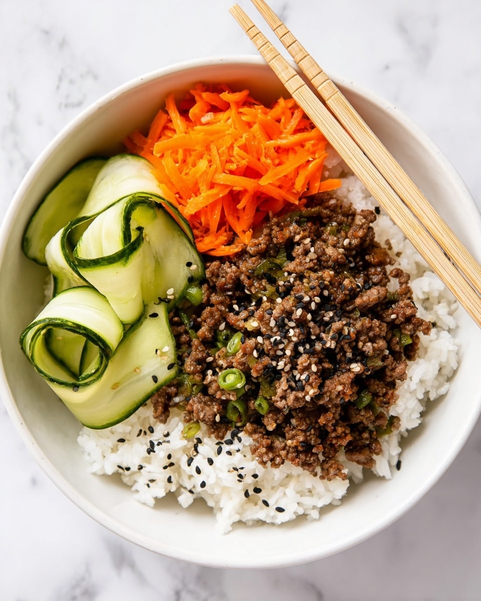 A white bowl contains a base layer of fluffy white rice, topped with three distinct sections: on the right, a mound of cooked ground meat sprinkled with black and white sesame seeds, showing a crumbly texture mixed with small green bits; in the middle, a small heap of bright orange shredded carrots with a soft, slightly moist look; and on the left, thinly sliced curled cucumber ribbons with fresh green edges and a smooth pale center. A pair of light wooden chopsticks rest on the edge of the bowl, which is placed on a white marbled surface. Photo taken with an iphone --ar 4:5 --v 7
