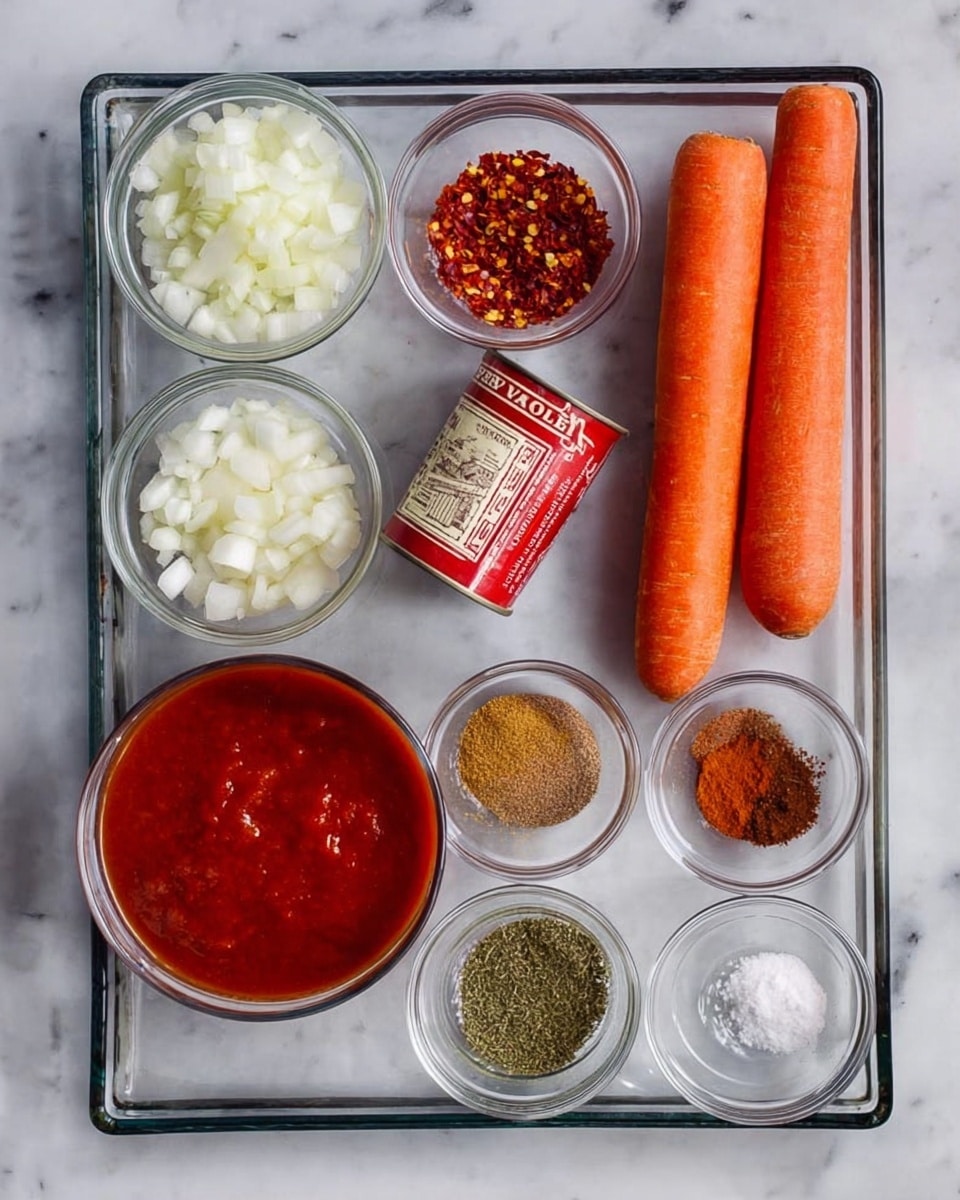The image shows a clear glass tray on a white marbled surface with 12 ingredients neatly arranged. Starting from the top left, there is a small clear bowl filled with chopped white onions, next to it a small bowl with red chili flakes. To the right are two whole orange carrots placed side by side, with two garlic cloves beside them. On the far right, a red and white can of corned beef lies horizontally. Below the can are four small clear bowls containing brown spice powder, reddish spice powder, green dried herbs, and salt respectively. On the bottom left side of the tray, there is a larger clear bowl with thick red tomato sauce, and next to it a bowl with clear vegetable oil. The texture and color of each ingredient stand out clearly against the white marbled surface photo taken with an iphone --ar 4:5 --v 7