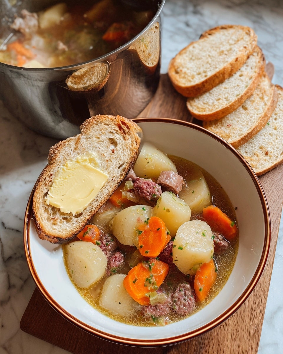 A white bowl with a brown rim holds a hearty stew made of three main layers: large pieces of light beige potatoes, bright orange carrot slices, and small chunks of reddish-brown meat, all in a light brown broth that fills the spaces between the ingredients. A piece of toasted bread with a golden butter spread rests on the edge of the bowl, showing a soft and porous texture. Beside the bowl on a wooden board are three more slices of the same toasted bread, arranged overlapping each other with their buttery surfaces visible. Behind the bowl, there is a shiny metal pot with some of the stew inside, slightly reflecting the ingredients. The whole scene is set on a white marbled surface. Photo taken with an iphone --ar 4:5 --v 7