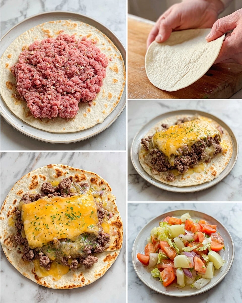 The image shows a six-step process of making a flat, round food item on a white plate on a white marbled surface. First, a mound of pink raw ground meat sits in the center of a round flat tortilla. Then, a woman's hand spreads the meat evenly, covering the tortilla surface. Next, a different white flat tortilla is held by a woman's hand above the first one. The next photo shows the top tortilla pressed firmly and browned on both sides. In the fifth step, the cooked meat tortilla is topped with melted yellow and black melted cheese layers, evenly spread. The last image shows the final tortilla topped with diced tomatoes, chopped lettuce, sliced onions, and green pepper pieces, creating a colorful fresh vegetable layer. Photo taken with an iphone --ar 4:5 --v 7