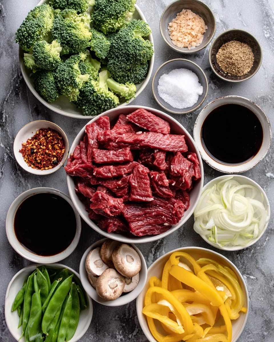 The image shows a central white bowl filled with raw red beef strips arranged in layers, surrounded by small white bowls containing various ingredients. Around the main bowl, there are bright green broccoli florets, white salt crystals, reddish-brown chili flakes, and light brown spices. Nearby, a dark soy sauce and a thick dark marinade sit in small white bowls. At the bottom and sides, there are fresh green snap peas, light yellow sliced bell peppers, thinly sliced white onions, and pale beige mushrooms, all neatly organized on a white marbled surface. photo taken with an iphone --ar 4:5 --v 7