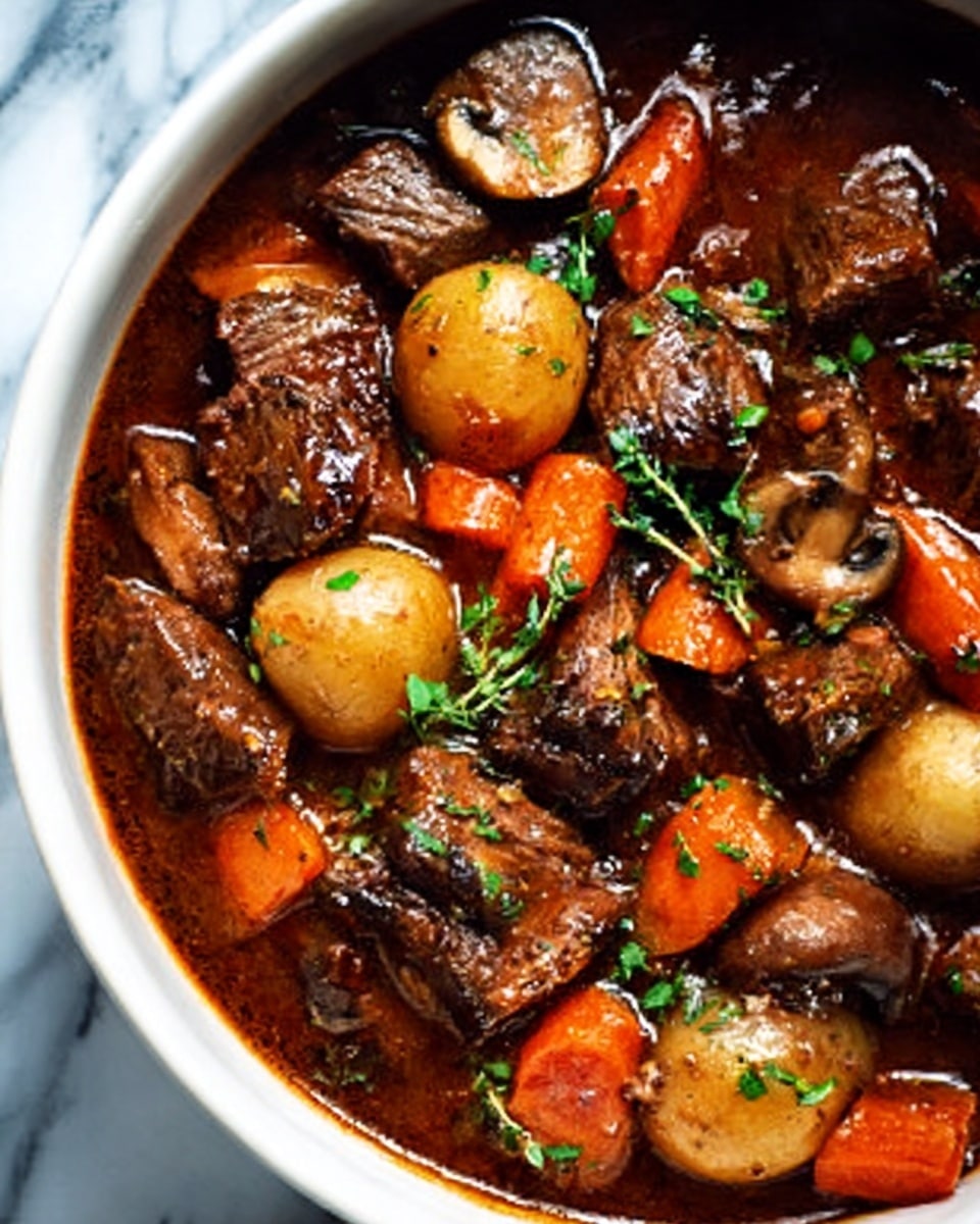 The image shows a deep white dish filled with a rich brown stew. Inside the stew, there are several chunks of tender brown meat, orange carrot pieces, small whole potatoes with light brown skins, and sliced mushrooms with pale beige and brown caps. The stew looks thick and glossy, with some fresh green herbs sprinkled on top for color. The food fills the dish fully, and the background is a white marbled surface. photo taken with an iphone --ar 4:5 --v 7