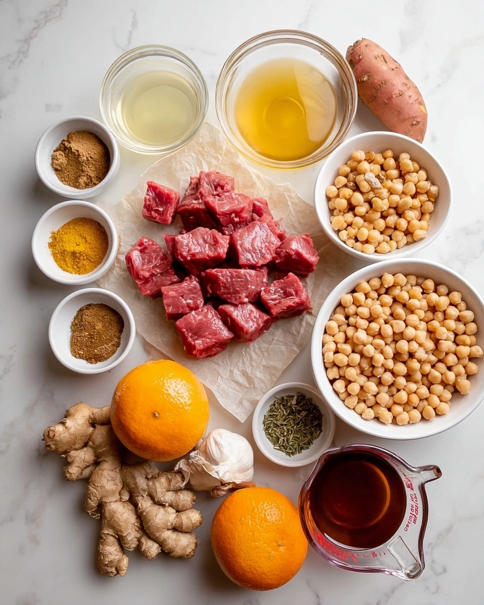 A top-down view of various cooking ingredients on white marbled texture, including a pile of raw cubed red meat in the center on parchment paper, surrounded by several small white bowls with spices in yellow, brown, and dark brown shades, a glass bowl with a clear light yellow liquid, a white bowl filled with beige chickpeas, three orange sweet potatoes on the right side, a whole orange fruit, garlic bulbs, a whole yellow onion, fresh ginger root, a glass measuring cup with light brown broth, a glass cup with dark red liquid, and a small white bowl of green dried herbs, all arranged neatly. photo taken with an iphone --ar 4:5 --v 7