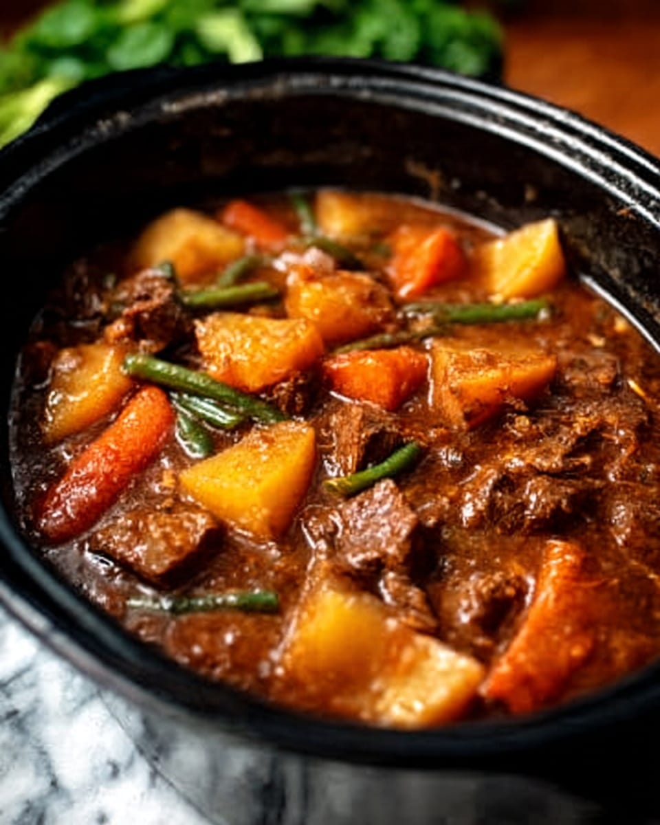 The image shows a black cooking pot filled with a thick beef stew. The stew has several layers visible: chunks of brown beef, orange carrot slices, and large pieces of yellow potatoes all mixed in a rich, dark brown sauce. Some green bean pieces are also scattered throughout. The pot is on a white marbled surface with a blurry background of green leafy vegetables. The texture of the stew looks rich and chunky. photo taken with an iphone --ar 4:5 --v 7