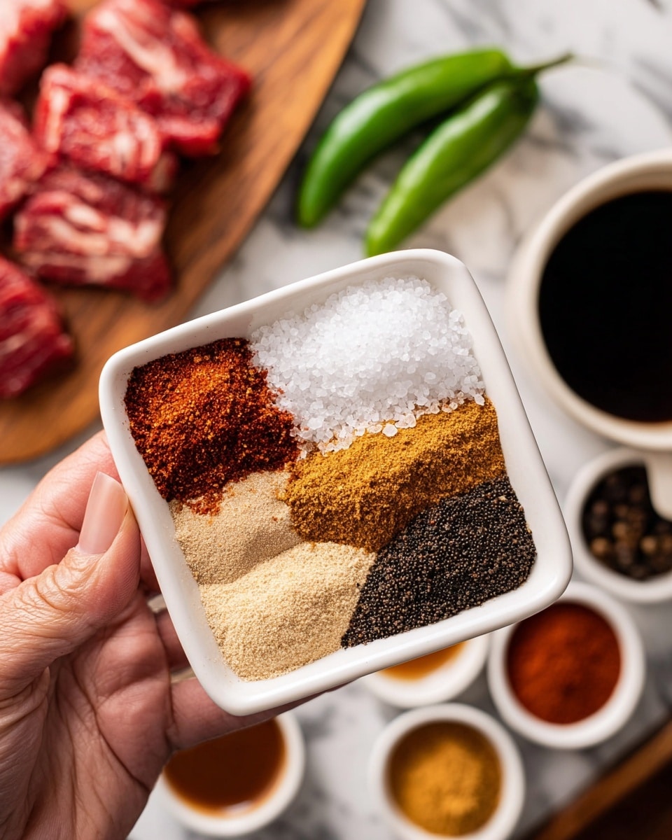 A close-up view of a small white square ceramic dish with rounded edges, held by a woman's hand, filled with seven different spices arranged in neat sections. Starting from the top left corner, there is a dark rusty orange spice, next to it on the right is a pile of coarse white salt crystals. Below the orange spice, there are two lightly colored sandy beige powders stacked vertically. To the right of those, there is a light brown powder next to a bright reddish brown spice and finally, a dark black pepper spice in the bottom right corner. In the blurred background, there are several small white bowls with sauces, green peppers, a cup of black coffee, and a white rectangular plate with raw red meat pieces on a brown wooden surface. The scene is set on a white marbled texture. photo taken with an iphone --ar 4:5 --v 7