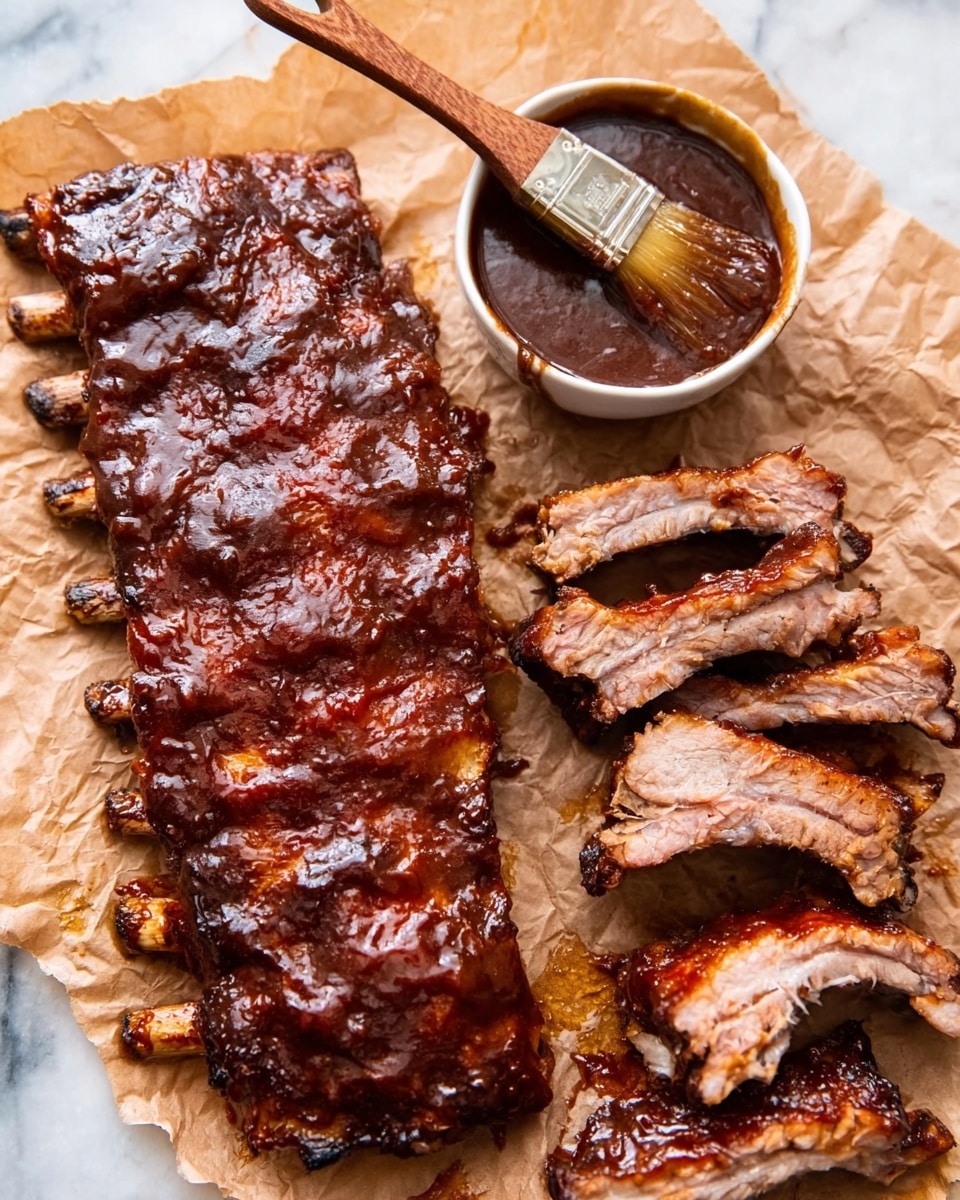 A rack of ribs with a shiny, dark brown sauce covering each rib, placed on crumpled parchment paper on a white marbled surface. To the right, several sliced ribs show a pinkish meat and bone inside, some stacked while others are laid flat. Above the ribs, a small white bowl holds thick dark brown sauce with a wooden brush resting on the rim, its bristles coated in sauce, positioned as if a woman's hand just brushed it on the ribs. The whole scene has a warm, appetizing look. photo taken with an iphone --ar 4:5 --v 7