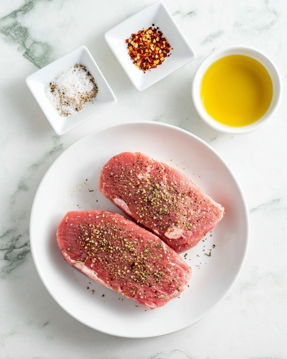 Two uncooked steak pieces are placed side by side on a white plate, each sprinkled with black pepper, coarse salt, and red chili flakes. The steaks have a pinkish-red color with a lightly marbled texture. To the top left of the plate, there are two small white square dishes, one containing a mix of salt and black pepper, and the other holding red chili flakes. To the top right of the plate, there is a small white bowl filled with yellow olive oil. The background is a white marbled surface with faint gray-green veining. Photo taken with an iphone --ar 4:5 --v 7