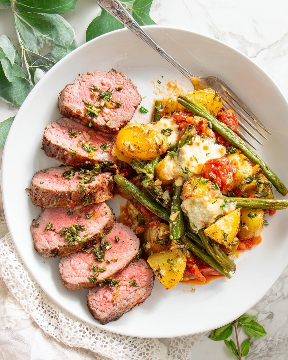 A white plate shows a meal with two parts. On the left side, there are six slices of pink cooked meat with some green herbs sprinkled on top. On the right side, a mix of grilled yellow potato halves, green beans, and red tomato sauce with melted white cheese covers the vegetables. Small green herb pieces are spread on the vegetables too. A silver fork rests on the top edge of the plate. The plate is placed on a white marbled surface with some green leaves and a white cloth with lace on the sides. Photo taken with an iphone --ar 4:5 --v 7
