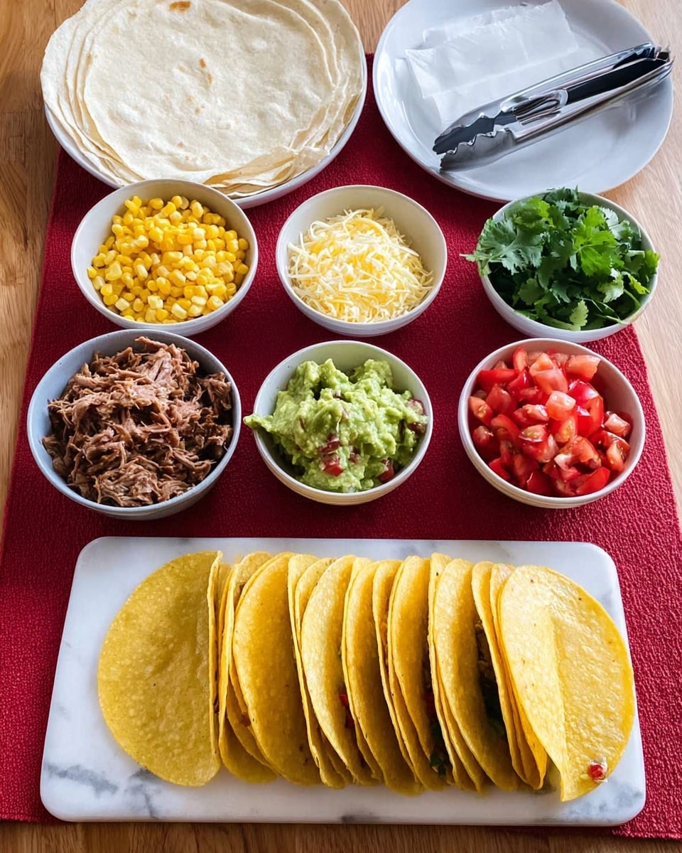A white rectangular plate at the front holds a neatly arranged row of yellow corn taco shells, all lined up side by side. Behind, on a white marbled surface, six white bowls with various toppings sit on a red mat; from left to right, the bowls contain bright yellow corn kernels, shredded cooked meat with small bits of red pepper, fresh green cilantro leaves, a bowl of mashed creamy guacamole, diced red tomatoes, and shredded pale yellow cheese with metal tongs resting on top. To the right of these bowls, there is a white plate holding a stack of folded white flour tortillas. Photo taken with an iphone --ar 4:5 --v 7