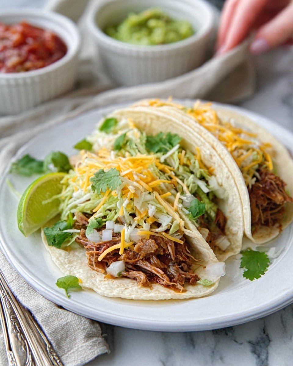 Two soft, white tortillas folded and filled with shredded, cooked meat that is brown and tender, topped with a mix of shredded yellow and white cheese. Fresh green cilantro sprigs and small pieces of chopped white onion are scattered on top. A wedge of bright green lime rests on the white plate next to the tacos. In the background, there are small white bowls with red salsa and green guacamole, with a white marbled surface underneath. A woman's hand is reaching toward the tacos. Photo taken with an iphone --ar 4:5 --v 7