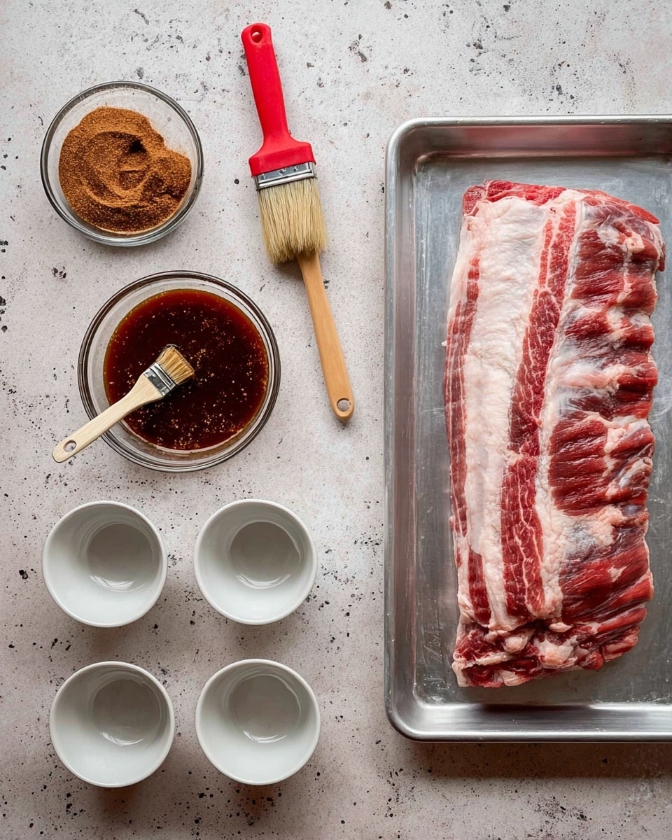 A large slab of raw meat with red and white marbling lies on a metal tray on the right side of the image. To the left, there are two clear glass bowls: one with a dark reddish thick sauce and another with brown spice powder mixture with a small wooden brush resting inside. Above the spice bowl is another wooden brush with a red silicone tip. Below and to the left, there are four small empty white ceramic bowls arranged in a loose square. All items rest on a white marbled textured surface. photo taken with an iphone --ar 4:5 --v 7