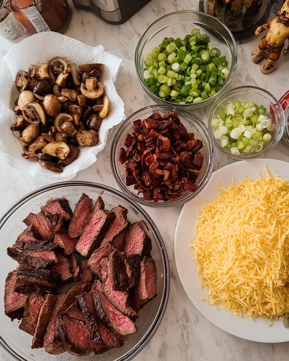 The image shows six containers of food arranged on a white marbled surface. A large clear bowl at the bottom left is filled with sliced cooked steak with a reddish pink center and grilled texture. Below it and slightly to the right is a clear bowl lined with a paper towel holding small chopped pieces of cooked bacon that are dark brown. To the right, on a white plate, there is a large pile of shredded yellow cheese. Above the cheese, a clear bowl holds sliced green onions with both light and dark green parts mixed. Above the steak bowl, there is a small clear container filled with sautéed mushrooms that are brown and slightly shiny. The background has some objects, including a figurine and containers, but the focus is on the food. Photo taken with an iphone --ar 4:5 --v 7