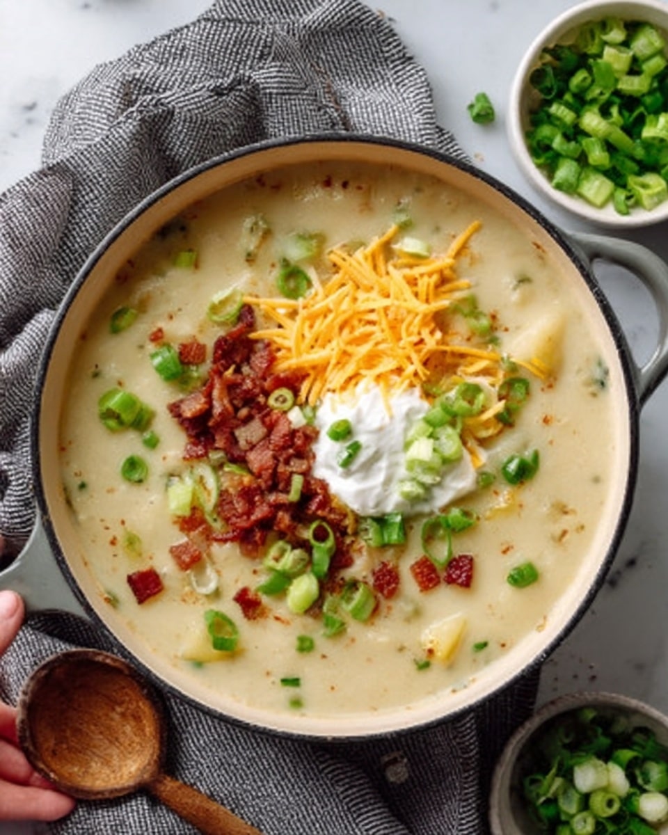 The image shows a white pan filled with creamy potato soup that has a smooth off-white color and small chunks of potato. On top of the soup, there is a dollop of white sour cream placed slightly to the side, surrounded by a layer of crispy brown bacon pieces and bright green chopped scallions. A small pile of shredded yellow cheddar cheese sits near the sour cream, adding a pop of color. The pan sits on a gray cloth on a white marbled surface, and in the background, there is a small bowl filled with more green chopped scallions. A woman's hand is holding a wooden spoon near the bottom left corner. Photo taken with an iphone --ar 4:5 --v 7