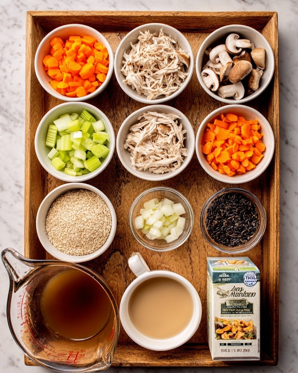 The image shows a wooden tray with ten small white bowls and a glass measuring cup filled with brown liquid at the bottom left corner. The bowls hold different ingredients placed neatly in a grid: diced orange carrots, shredded light brown meat, sliced brown mushrooms, chopped pale green celery, a white ingredient that looks like small cubes, a bowl of dark mixed grains, flour, and a glass bowl with clear liquid. A carton of unsweetened almond milk lies flat at the bottom right. The wooden tray rests on a white marbled surface. photo taken with an iphone --ar 4:5 --v 7