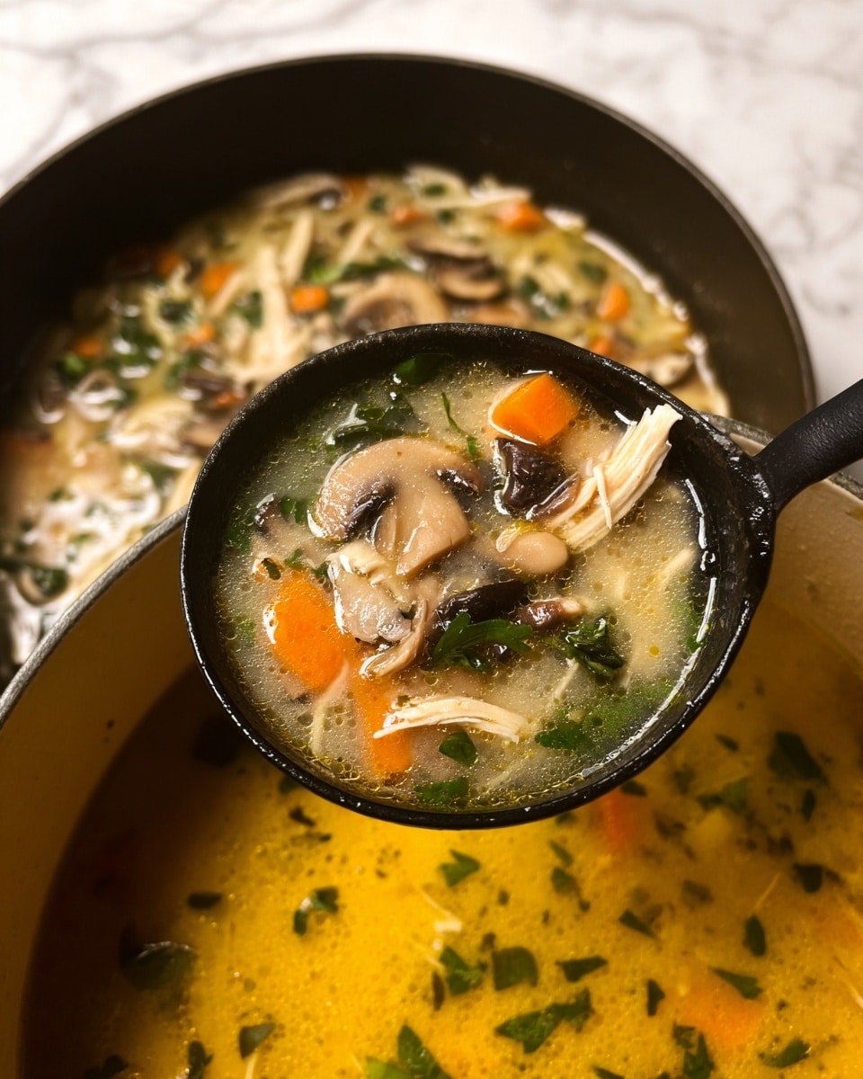 A black ladle holds a thick soup above a pot filled with the same soup, showing one scoop with layers of ingredients: light creamy broth, orange carrot chunks, green leafy pieces, thin slices of mushrooms, translucent onions, and small bits of light-colored shredded chicken, all mixed evenly. The soup in the pot below shows a golden-yellow broth with sliced mushrooms and scattered green herbs, creating a warm and rich texture. The background is a white marbled texture. photo taken with an iphone --ar 4:5 --v 7