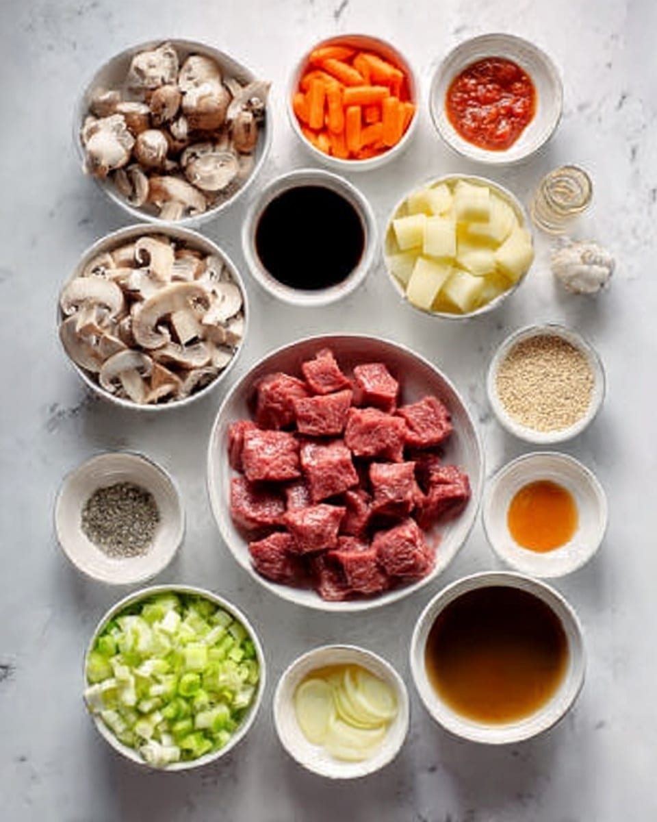 The image shows a top view of many small white bowls arranged on a white marbled surface, each holding different ingredients. There is a large bowl of raw red meat cubes in the center, surrounded by smaller bowls with light orange carrot slices, brownish sliced mushrooms, small white garlic cloves, light green celery pieces, white cubed potatoes, and a bowl of dark brown broth. Smaller bowls hold dark soy sauce, black pepper, white salt, light brown honey, a bowl of beige grains, and a small portion of red chili paste. The colors range from vibrant reds and oranges to pale greens and whites, creating a well-organized, colorful display of raw cooking elements. photo taken with an iphone --ar 4:5 --v 7