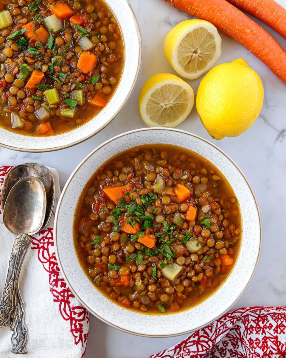 Two white bowls filled with lentil soup sit on a white marbled surface. The soup has a rich brown broth with visible layers of small round lentils, chopped orange carrot pieces, and light green celery chunks mixed throughout. Bright green herbs are sprinkled on top, adding a fresh touch. Around the bowls, there are whole carrots and lemons placed casually, along with silver utensils and a white towel with red patterns folded nearby. The photo taken with an iphone --ar 4:5 --v 7