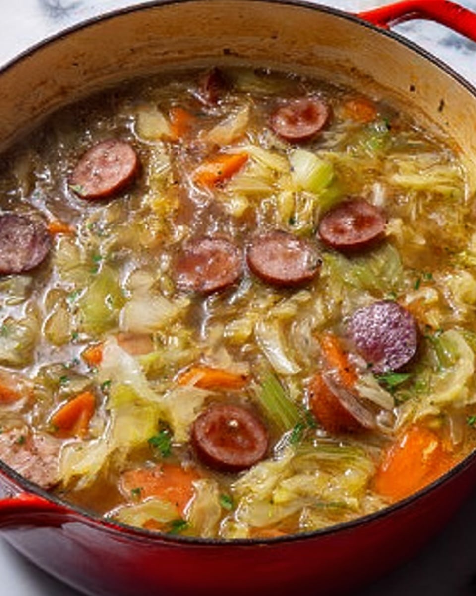 A pot full of soup showing several layers of ingredients: the bottom layer has orange carrot slices and light green celery pieces, mixed with a light brown broth that looks clear and hot. Floating near the top are slices of dark brown sausage with a smooth texture, surrounded by bits of cabbage and onion in pale green and white colors, all steaming slightly. The pot edge is red with a shiny finish. The photo looks bright with a clean white marbled surface background photo taken with an iphone --ar 4:5 --v 7