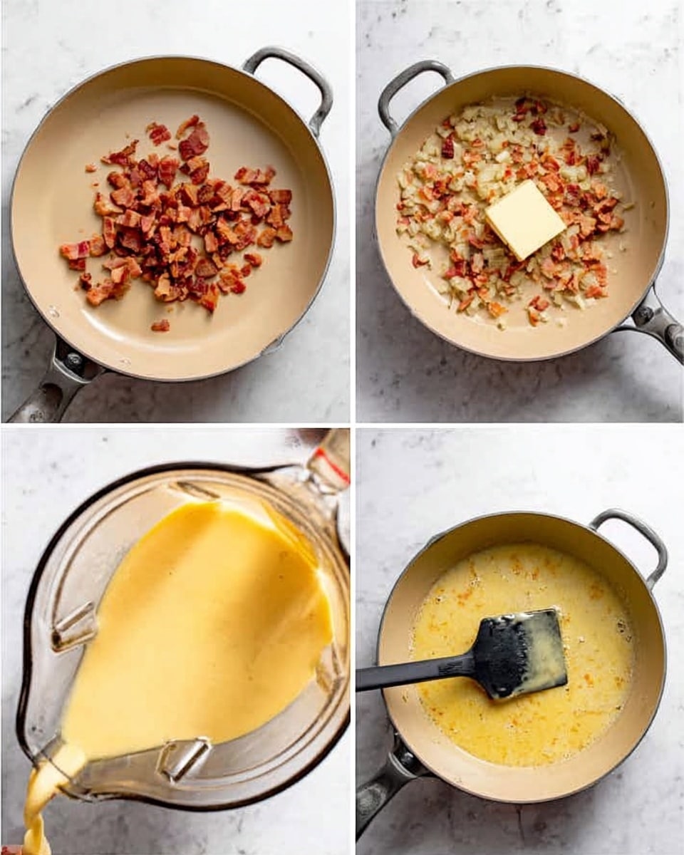 The image shows a four-part step-by-step cooking process in a beige skillet placed on a white marbled surface. The first frame displays crispy, brown bacon pieces frying on one side of the skillet. The second frame reveals onions, bacon, and a square of butter melting and mixing together in the skillet. The third frame shows the smooth yellow sauce being carefully poured from a blender into the skillet. The fourth frame captures a black spatula stirring the creamy sauce and bacon mixture in the skillet. Photo taken with an iphone --ar 4:5 --v 7