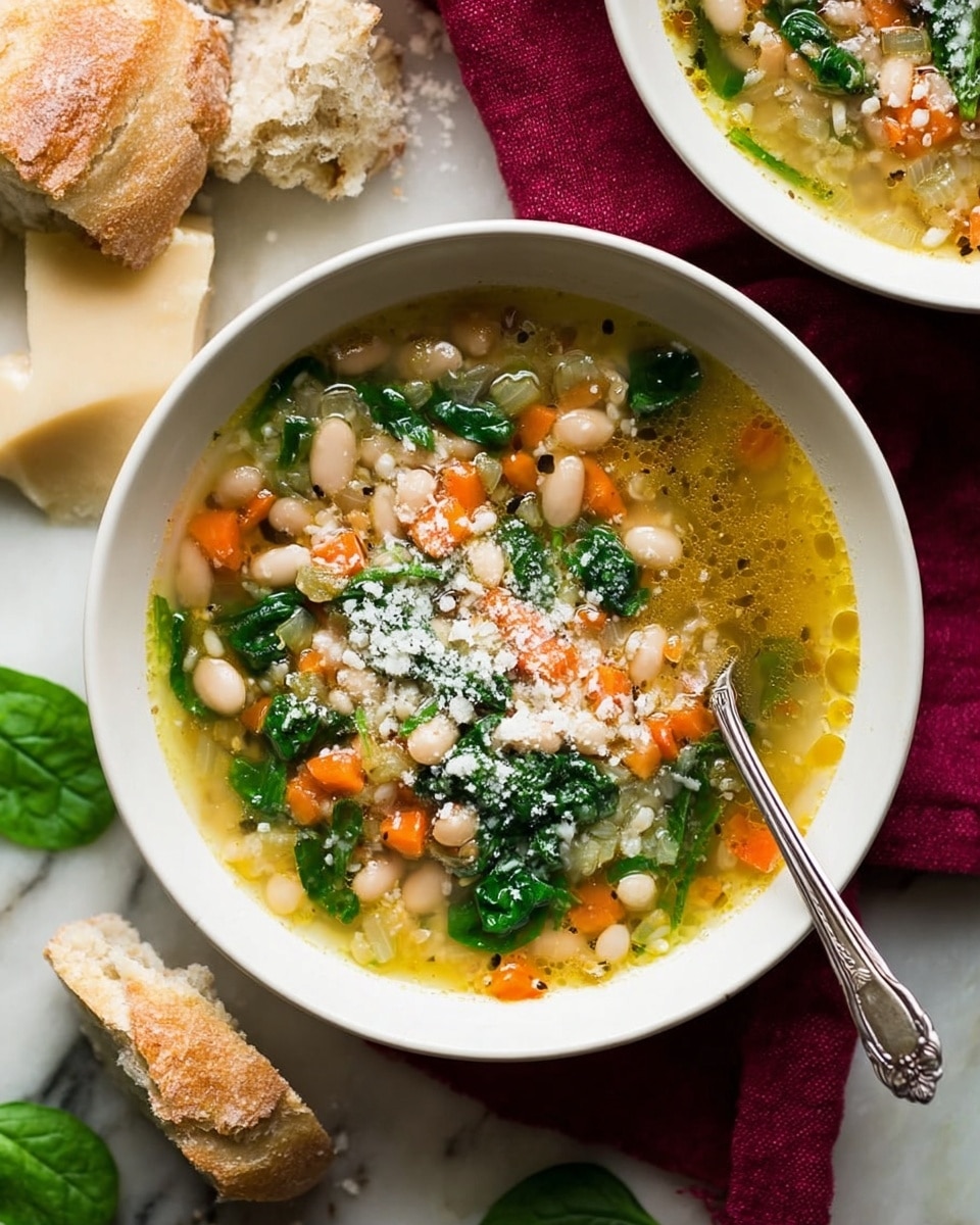 A white bowl filled with a vegetable and bean soup, showing three layers: a clear yellow broth at the base with small oil droplets, a middle layer with white beans and diced orange carrots, and a top layer of bright green spinach leaves and grated white cheese sprinkled over. A silver spoon rests inside the bowl. Around the bowl are torn pieces of crusty light brown bread, a wedge of hard yellow cheese, and a dark red cloth beneath the bowl. The whole scene is set on a white marbled surface with a couple of fresh spinach leaves nearby. Photo taken with an iphone --ar 4:5 --v 7