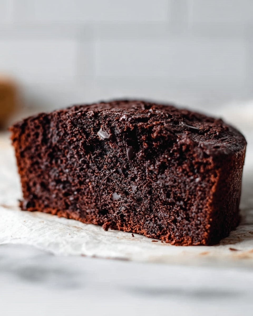 The image shows a close-up of a slice of dark chocolate cake placed on white parchment paper over a white marbled surface. The cake has one visible layer with a soft, moist, and dense texture filled with small chocolate chunks. The top of the cake is slightly cracked and rough, showing a rich chocolate color with a matte finish. The background features blurred white tiles and a soft light source that highlights the cake’s deep brown color. Photo taken with an iphone --ar 4:5 --v 7