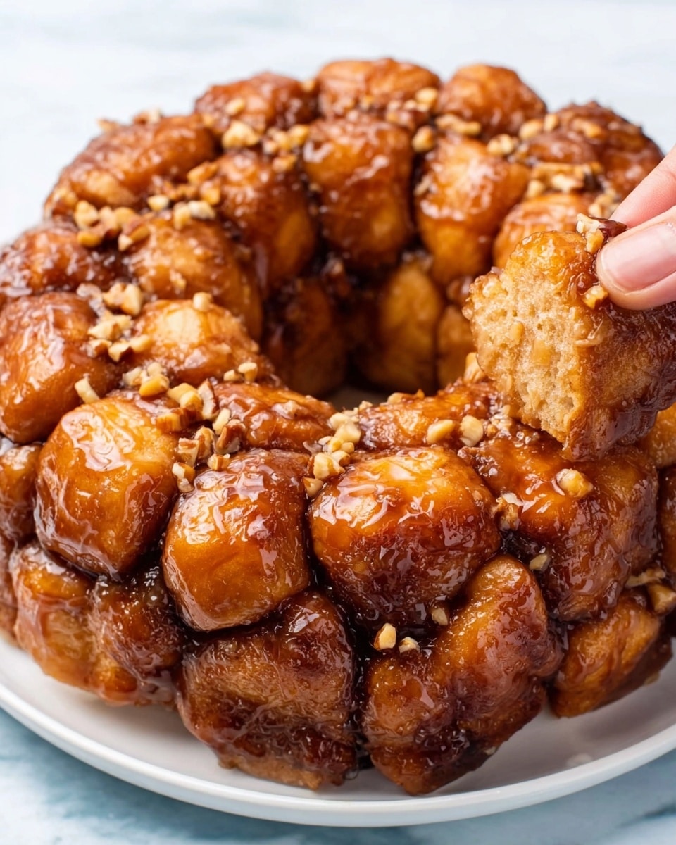 The image shows a round, sticky monkey bread made of golden brown dough pieces stacked closely in a ring shape on a white plate. Each dough piece is shiny with a caramel glaze, giving a glossy texture. Small bits of chopped nuts are sprinkled on top, adding a crunchy texture and a light tan color contrast. The bread sits on a white marbled surface, and a woman's hand is gently pulling a piece from the ring, lifting it slightly to show the soft, airy inside. photo taken with an iphone --ar 4:5 --v 7