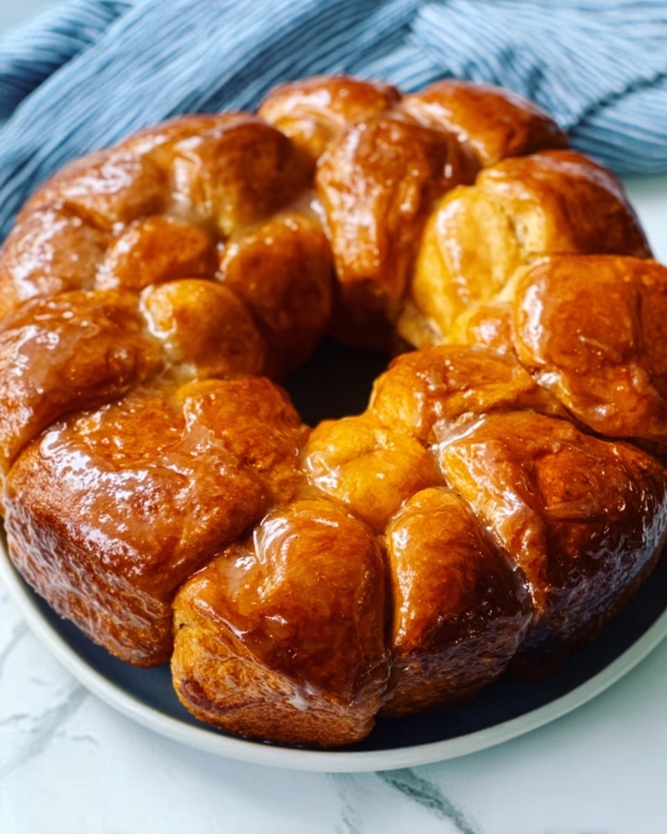 The image shows a round, pull-apart bread with a shiny, golden-brown glaze on each soft, thick piece. The pieces are closely packed in a ring shape on a white plate. The bread looks sticky and glossy with a smooth texture on the top layer and a soft, fluffy inside visible between the pieces. The plate sits on a white marbled surface. The background includes a blue and white striped cloth, adding a cozy feeling. A woman's hand gently holds the plate on the right side. photo taken with an iphone --ar 4:5 --v 7