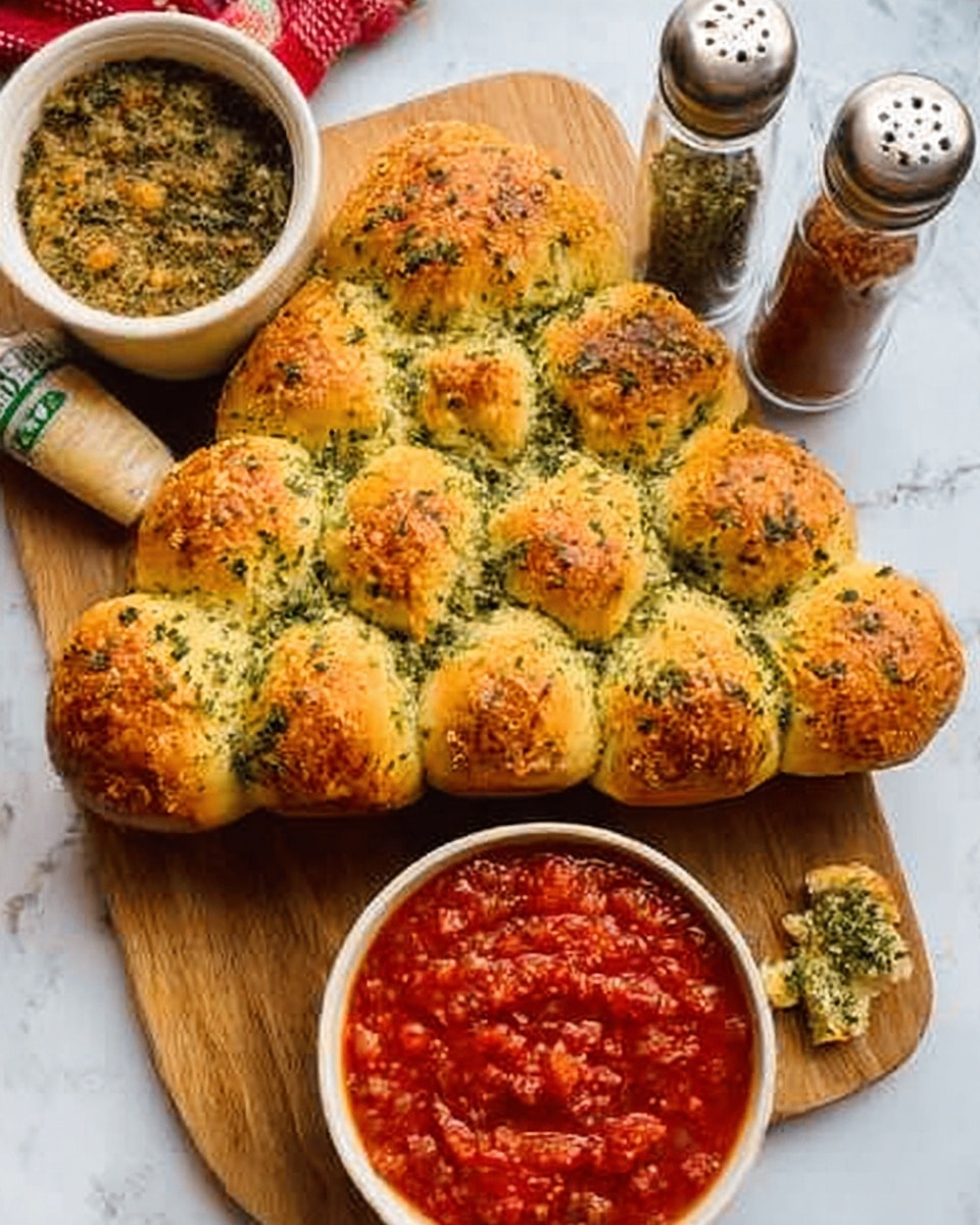 The image shows a wooden board on a white marbled surface with a pull-apart garlic and herb bread made of small golden-brown rolls arranged in a triangle shape. The bread has green herbs sprinkled on top, giving it a fresh look. To the left of the bread, there is a white bowl with a greenish-brown spread or dip, and in the back, two glass spice bottles stand side by side. On the right side, a white bowl is filled with a bright red chunky tomato sauce. The overall scene looks cozy and inviting. photo taken with an iphone --ar 4:5 --v 7