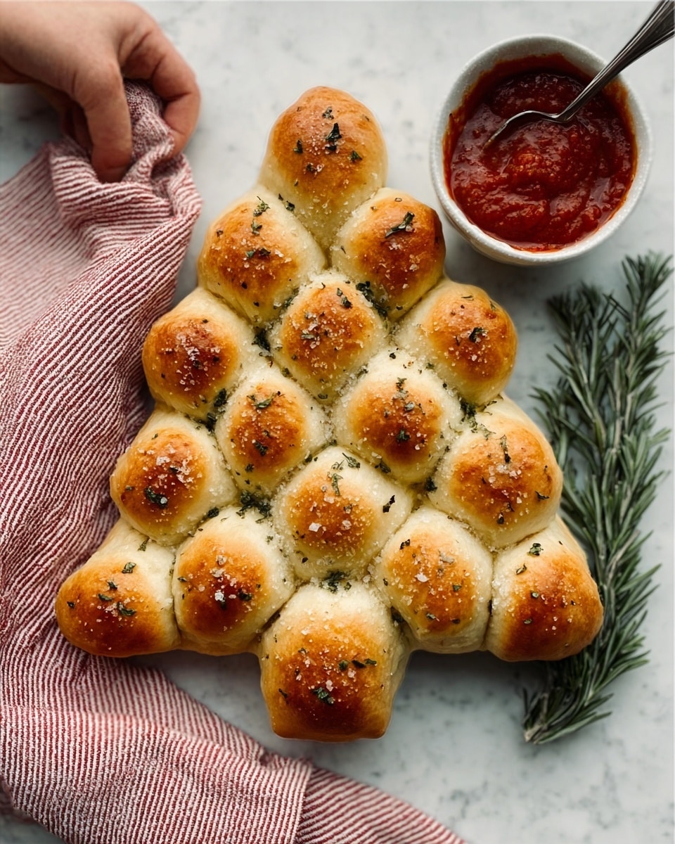 A white plate shaped like a Christmas tree holds many small, golden brown bread rolls arranged closely to form the tree shape; the rolls have a soft, shiny texture with some sprinkled herbs and salt on top. To the right of the plate, there is a small white bowl filled with a red sauce that looks thick, and a spoon with some sauce on it is placed beside the bowl. A piece of pink and white striped cloth is on the left side of the plate, resting on a white marbled surface. At the bottom right corner, a sprig of green rosemary lies flat on the surface. A woman's hand is slightly visible near the top left edge of the image, reaching toward the rolls. photo taken with an iphone --ar 4:5 --v 7
