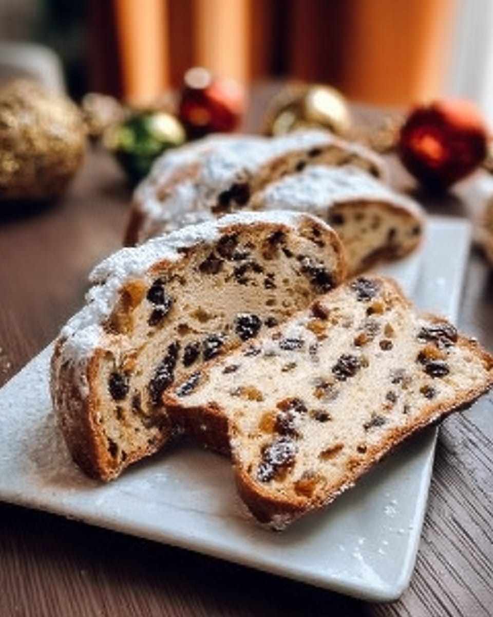 A white rectangular plate on a white marbled surface holds several slices of a light tan fruit bread filled with dark raisins and bits of nuts. The bread has a dusting of white powdered sugar on top with a slightly rough texture. The background shows blurred festive decorations and a soft warm light. photo taken with an iphone --ar 4:5 --v 7