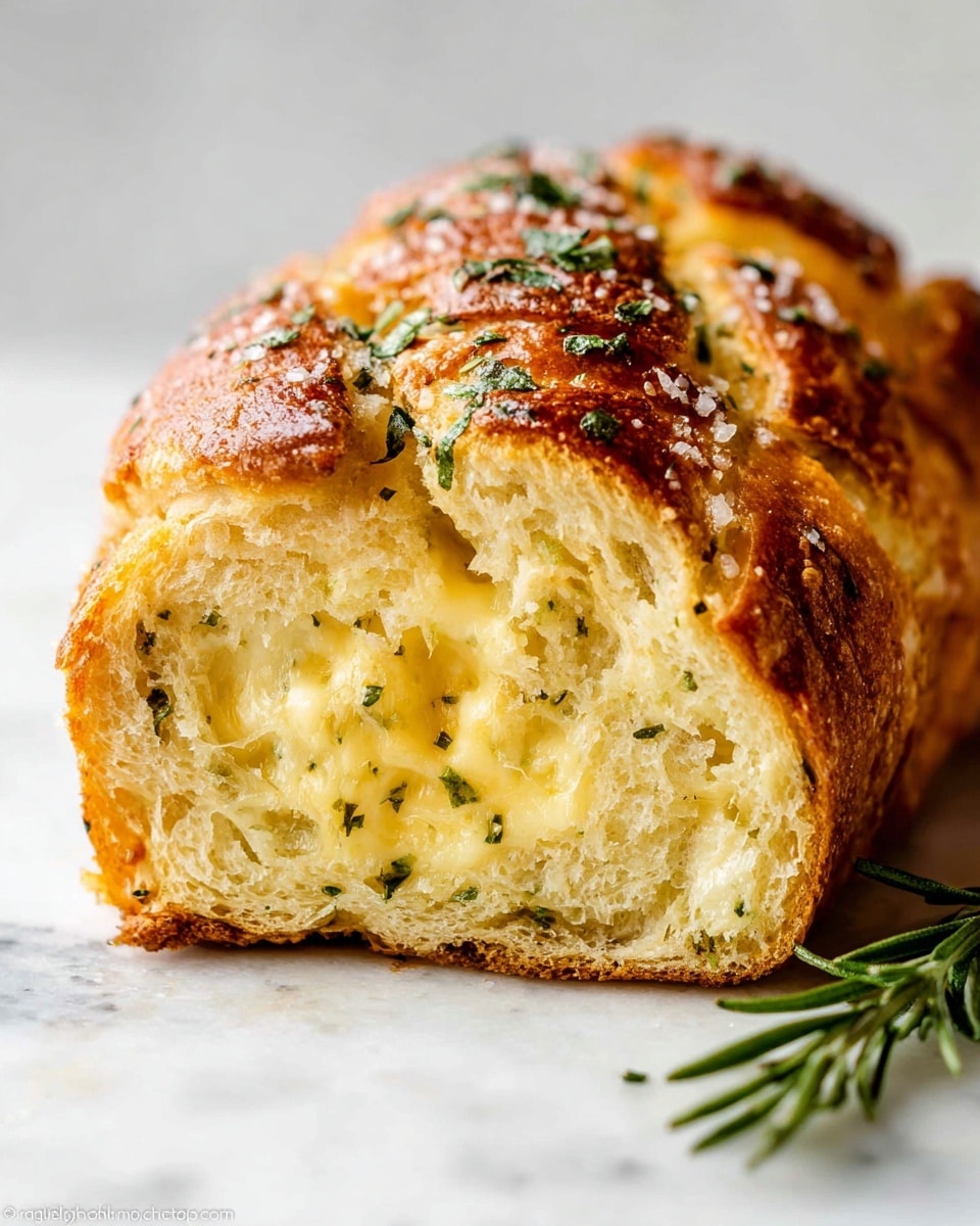 A close-up view of a golden brown pull-apart bread loaf with five visible layers, each layer showing a soft, fluffy interior filled with melted creamy cheese mixed with green herbs. The top layer is shiny with a slight glaze and sprinkled with small bits of herbs and cheese. The bread is partially pulled apart, revealing stretchy cheese strands between the layers. A sprig of fresh rosemary lies next to the loaf on a white marbled surface. Photo taken with an iphone --ar 4:5 --v 7