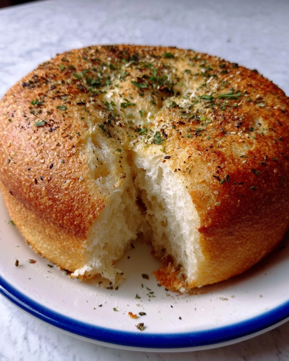 The image shows a close-up of a sliced garlic cheese bread loaf placed on a white marbled surface. The bread has a golden-brown crust with a shiny texture and is sprinkled with coarse salt and small green herb leaves on top. The inside of the bread is soft and fluffy with a creamy yellow cheese layer mixed with herbs, visible in the exposed slice at the front. The cheese looks melted and stringy, blending well with the bread’s soft texture. A small sprig of rosemary lies to the right side of the bread on the surface. photo taken with an iphone --ar 4:5 --v 7