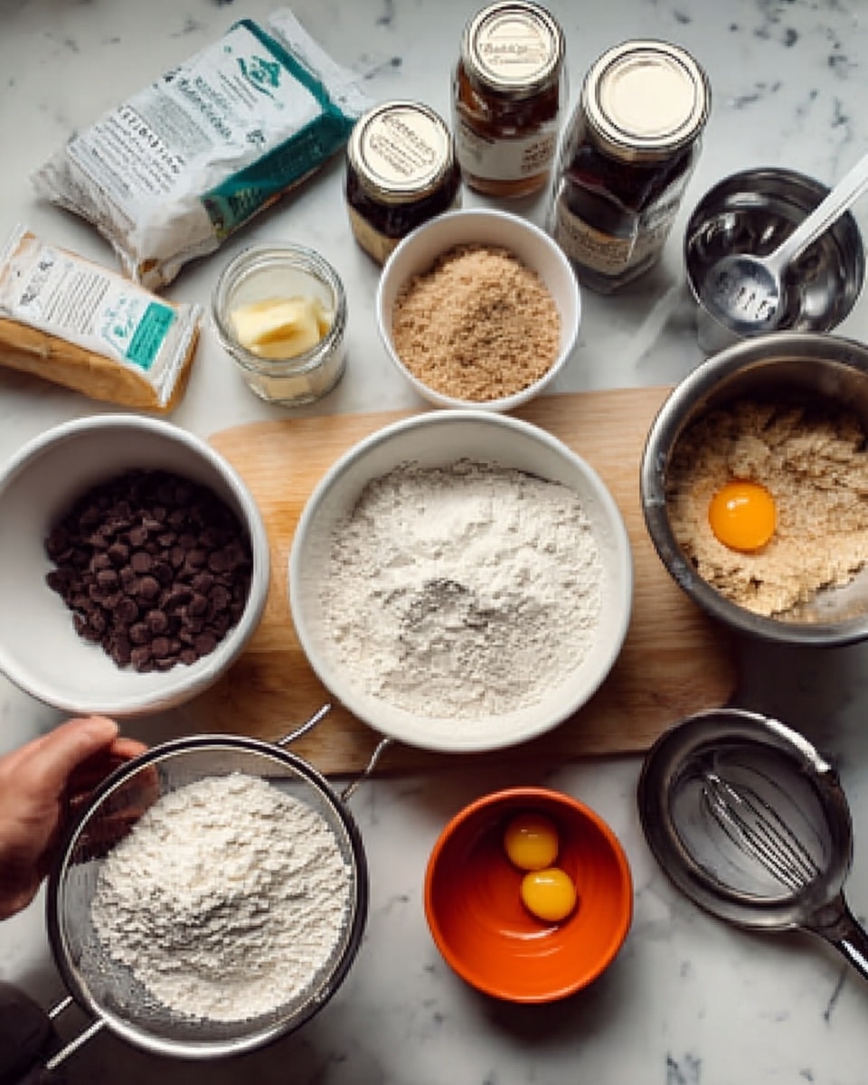 The image shows a wooden table with several cooking ingredients and tools arranged neatly. At the center is a white bowl with flour inside. To its right, there’s another white bowl filled with light brown sugar. Nearby is a small orange bowl with a single egg yolk. A woman’s hand is seen holding a strainer over a white bowl with dark chocolate chips inside, and a metal bowl with a dough-like mixture is placed beside the strainer. Other items include bags of flour and sugar, jars of vanilla and other ingredients, and a silver mixing bowl with a spatula standing upright inside. The background is a white marbled surface. Photo taken with an iphone --ar 4:5 --v 7