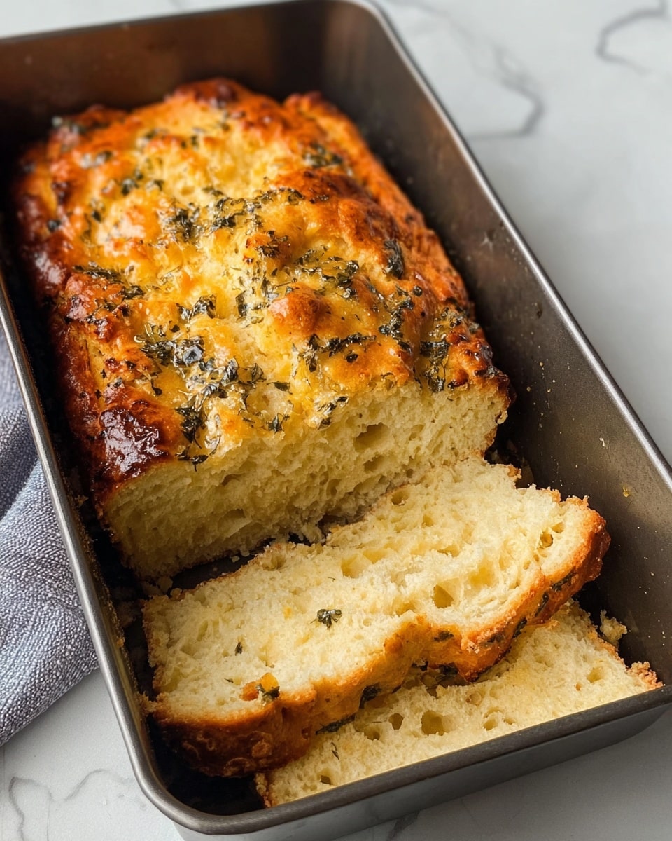 A loaf of bread sits in a metal loaf pan placed on a white marbled surface, with the bread's top layer golden brown and sprinkled with green herbs, giving a textured look. The bread is sliced, exposing a soft, light yellow inside with airy holes and a slightly crusty edge. Two slices are fully separated at the front left corner, showing the inside's spongy texture against the darker pan. The loaf looks freshly baked with a warm, inviting color. Photo taken with an iphone --ar 4:5 --v 7