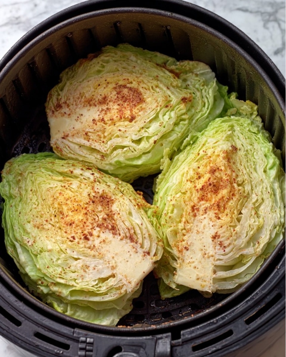 The image shows three thick slices of pale green cabbage placed inside a black air fryer basket. Each cabbage slice is round with the edges slightly curved upward, and they sit flat on the perforated basket base, showing light seasoning on top. The air fryer basket has a handle at the front and the background surface is a white marbled texture. Photo taken with an iphone --ar 4:5 --v 7