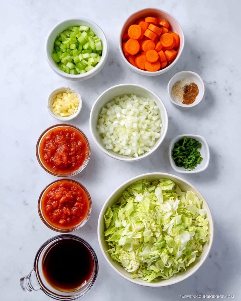 The image shows various ingredients in white bowls arranged neatly on a white marbled surface. There is one large bowl at the bottom right filled with finely chopped cabbage, a smaller bowl nearby filled with chopped cauliflower. Above these, there is a medium bowl filled with bright orange diced carrots. To the left, there is a bowl with fresh green cut green beans, and next to it, a bowl with chopped celery. There are two small bowls at the top, one containing minced garlic and the other filled with seeds or spices. A glass pitcher with a dark brown liquid is placed next to a white bowl filled with chunky red tomato sauce. The arrangement is clean and organized with a variety of colors and textures. Photo taken with an iphone --ar 4:5 --v 7