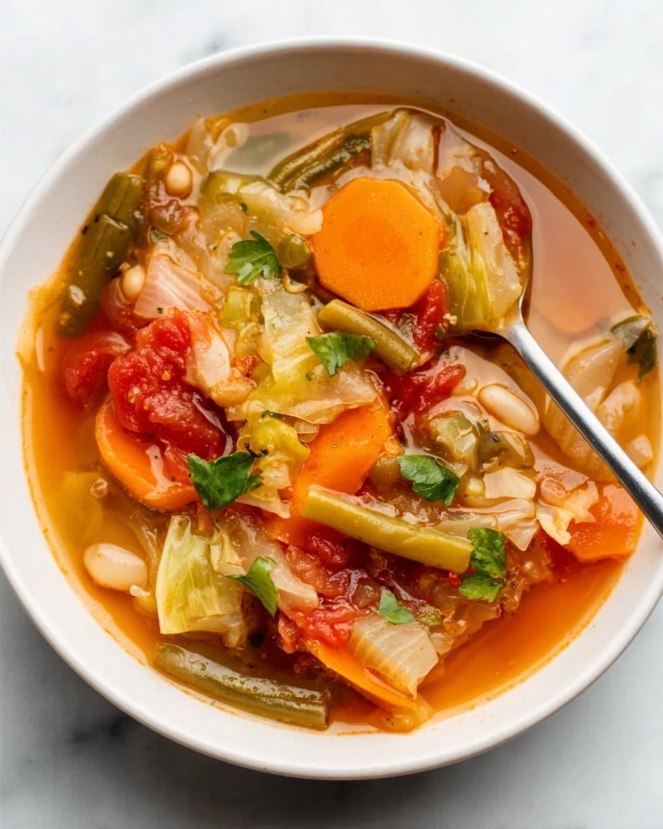 A white bowl filled with a clear broth soup that has several visible layers: at the bottom, small white grains or pieces are settled, above them there are bright orange chunks of carrot and green beans mixed with chopped tomatoes, and some fresh chopped parsley sprinkled on top. There are also flat, wide noodle pieces floating throughout the soup, and a silver spoon is placed inside the bowl, held by a woman's hand. The bowl sits on a white marbled surface. Photo taken with an iphone --ar 4:5 --v 7
