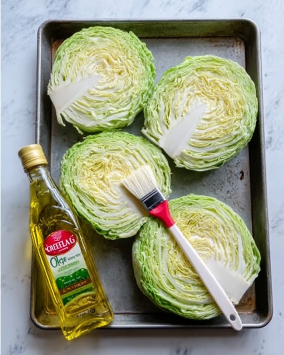 The image shows a baking tray holding four thick cabbage slices arranged in a square shape. Each cabbage slice is light green with tightly packed leaves and some white parts in the center. A white plastic brush with red bristles is laid across one cabbage slice, with a woman's hand holding a bottle of yellow olive oil next to the tray. The tray is placed on a white marbled surface. photo taken with an iphone --ar 4:5 --v 7