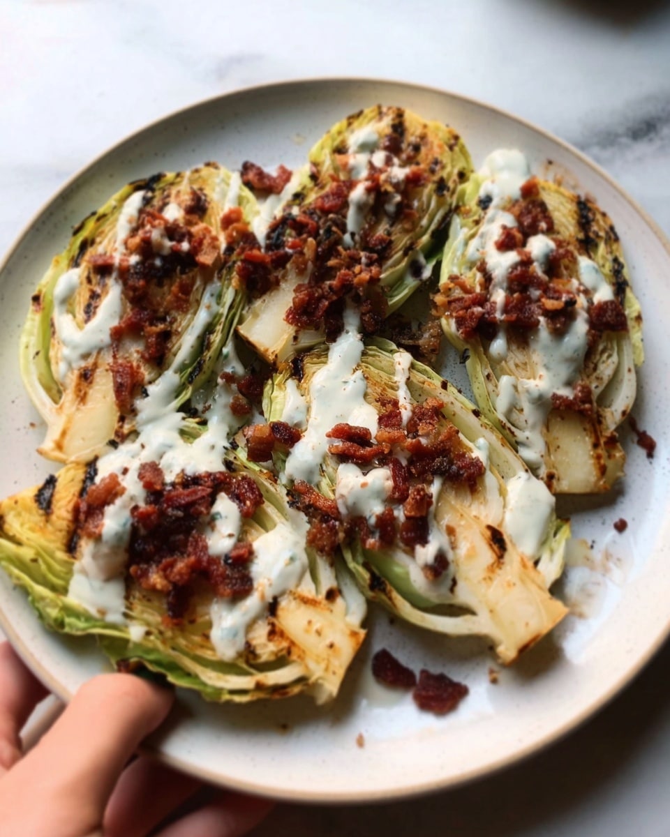 The image shows a white plate on a white marbled surface, holding four pieces of grilled cabbage. Each piece is light green with charred dark edges, showing a slightly rough texture. On top of each cabbage piece, there are small pieces of cooked meat that are brown and slightly crispy, layered with creamy white sauce drizzled unevenly over them. The lighting highlights the textures and colors of the grilled cabbage, meat, and sauce. Photo taken with an iphone --ar 4:5 --v 7