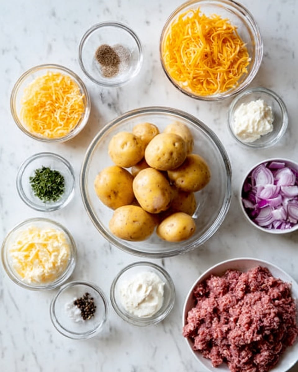 A top-down view of multiple clear glass bowls placed on a white marbled surface, each filled with different ingredients. In the center, there is a larger bowl holding several whole light brown potatoes with a smooth texture. Surrounding this bowl are smaller bowls filled with ground meat of a reddish color and crumbly texture, shredded orange cheese, shredded pale yellow cheese, finely diced purple onions, creamy white sauce, small amounts of black pepper, salt, green herbs, brown sauce, and yellowish corn kernels. A woman's hand is not visible but imagine it reaching from the side to pick one bowl. The arrangement is bright and neat in natural light, photo taken with an iphone --ar 4:5 --v 7