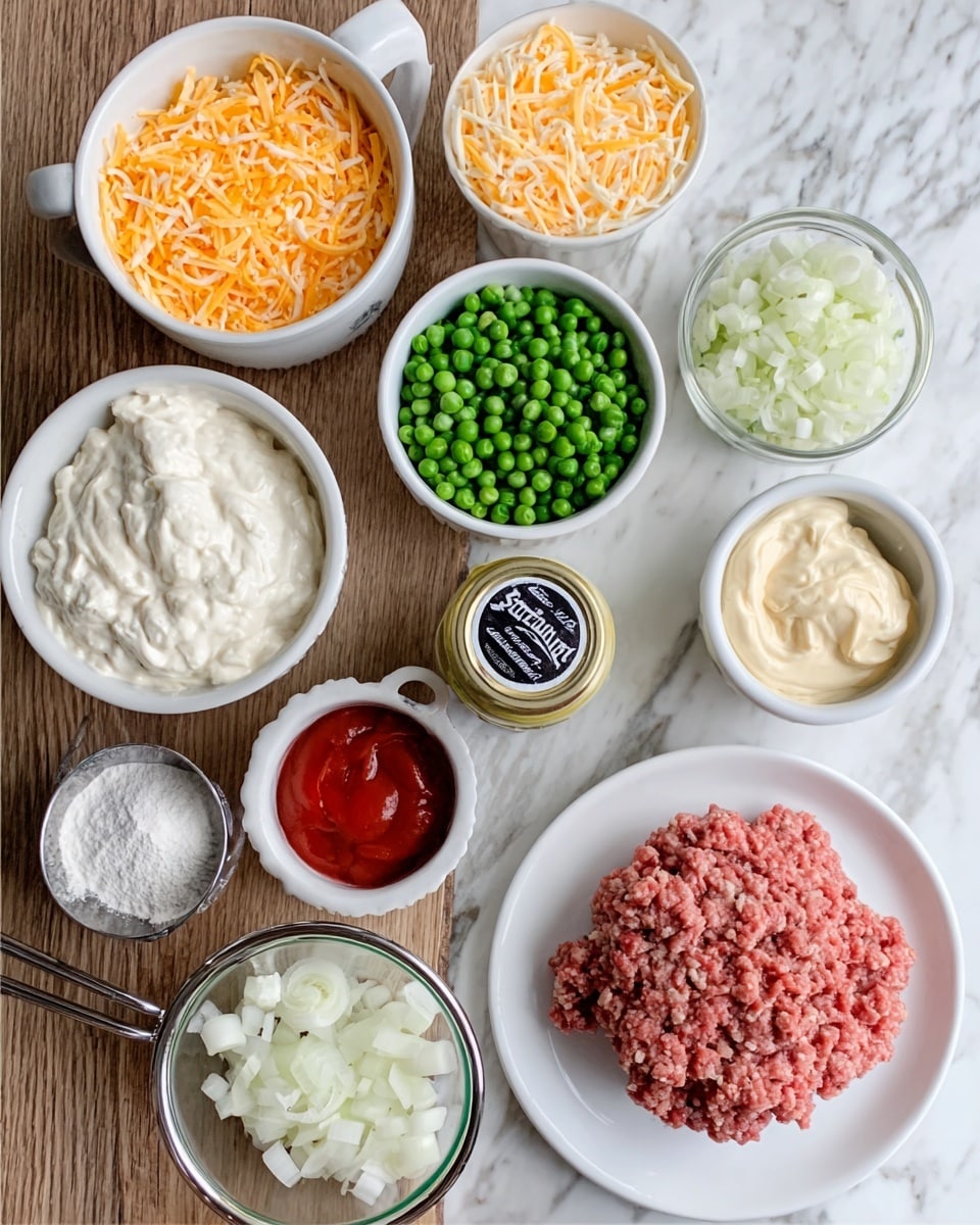 The image shows several white bowls and a small strainer placed on a white marbled surface. There are seven items visible: a bowl filled with white sour cream, a bowl of yellow shredded cheese, a bowl of green peas, a bowl with pale chopped onions, a small jar of mayonnaise, a small bowl with red tomato sauce, and a large plate with raw ground meat. The small strainer holds finely chopped white onions. Each ingredient is separate and clearly visible, arranged neatly on the surface. photo taken with an iphone --ar 4:5 --v 7