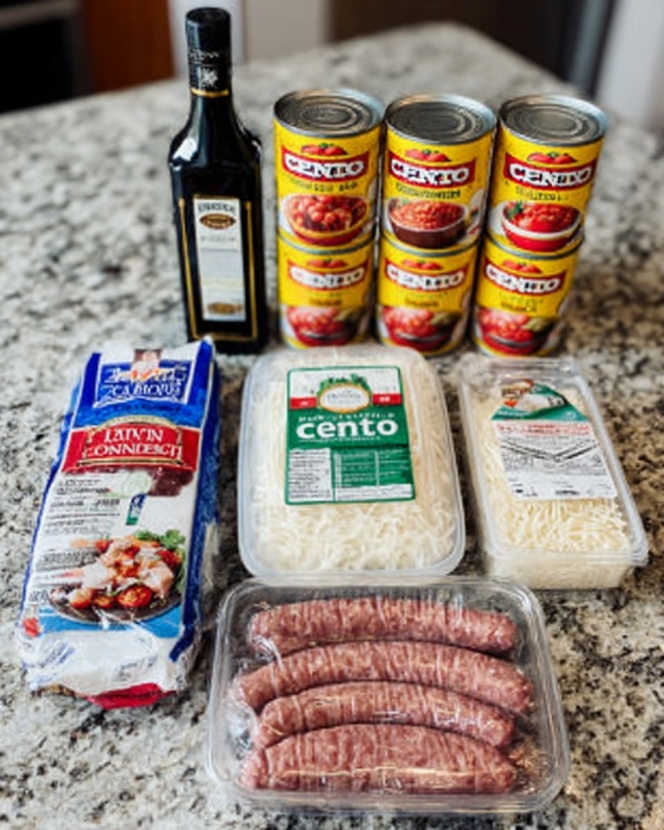 The image shows various ingredients arranged on a white marbled surface. There are four yellow cans with red labels stacked in two rows; the largest cans are behind, with two smaller cans in front. To the left are two packs of meat: one contains several brown sausage links, and the other has ground beef in a white tray covered with clear plastic. Behind these is a container of crumbled white cheese and a tall black bottle of olive oil. The background includes dark kitchen appliances. photo taken with an iphone --ar 4:5 --v 7
