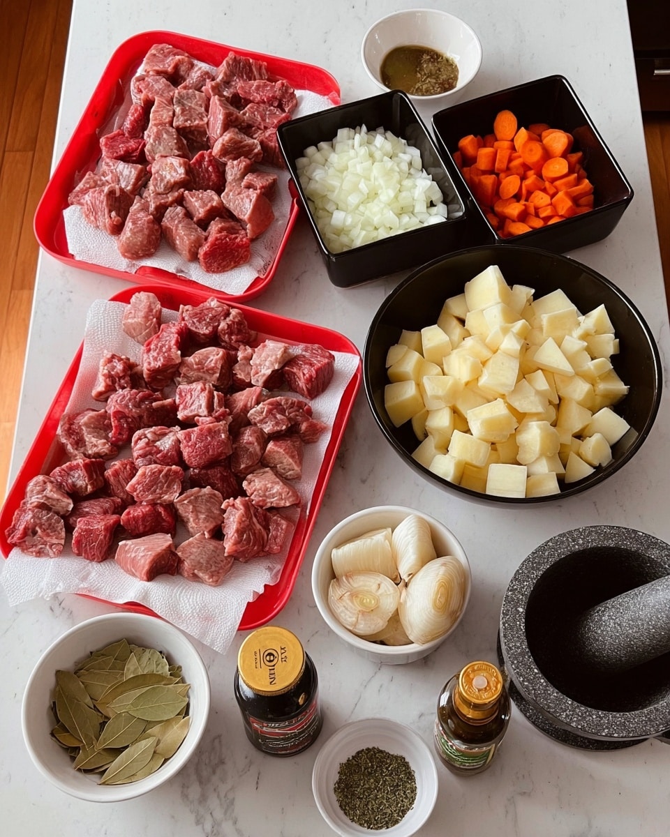 A white marbled table holds many bowls and plates arranged carefully. There are two large red plates in front, lined with paper towels and filled with raw chunks of red meat. Behind them, from left to right, three white bowls each hold chopped white onions, bright orange carrot cubes, and light yellow potato cubes. Next to these bowls, another white bowl contains peeled round pieces of pale beige root vegetables. To the right side, a larger white bowl filled with long, pale yellow pieces of another vegetable in water is present. A small white dish holds green dried bay leaves, while another white bowl contains a fine greenish powder. Nearby, a dark glass bottle with a red label and a black jar with a yellow label are placed beside a dark gray stone mortar and pestle. All items are arranged neatly on a bright white marbled surface. Photo taken with an iphone --ar 4:5 --v 7