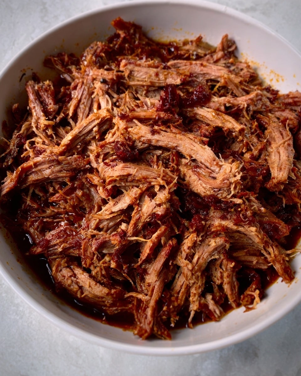 The image shows a white bowl filled with shredded cooked meat that is dark brown and slightly reddish in parts. The meat pieces have a fibrous texture and are piled high to cover the bowl completely, with some pieces overlapping and filling the space evenly. The bowl is placed on a white marbled surface. photo taken with an iphone --ar 4:5 --v 7