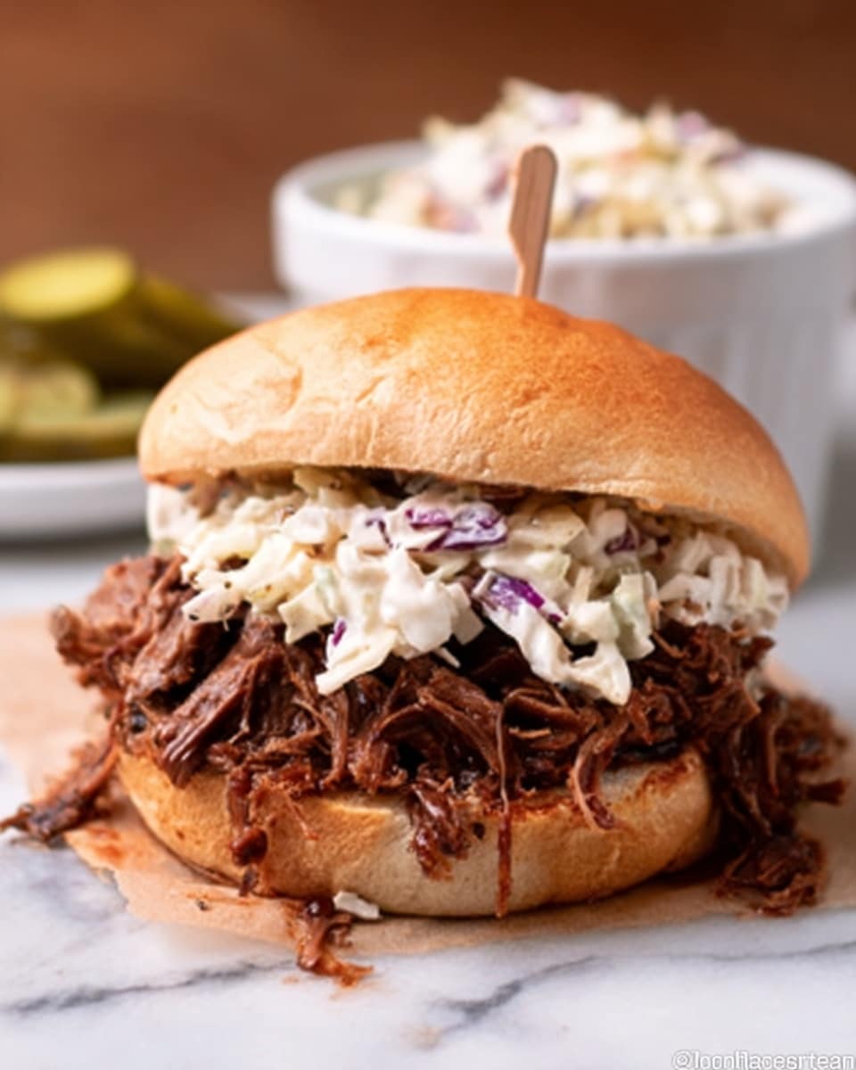 The image shows a close-up of a large sandwich on a white bun with a toothpick on top holding it together. The bottom layer has pulled, shredded meat in dark brown colors, soft and juicy in texture. On top of the meat is a thick layer of creamy white coleslaw mixed with light purple cabbage pieces, adding a crunchy texture. The sandwich sits on a white marbled surface with a small green pickle to the side and a blurred white bowl of creamy coleslaw in the background. A woman's hand is just touching the sandwich from the right side. photo taken with an iphone --ar 4:5 --v 7