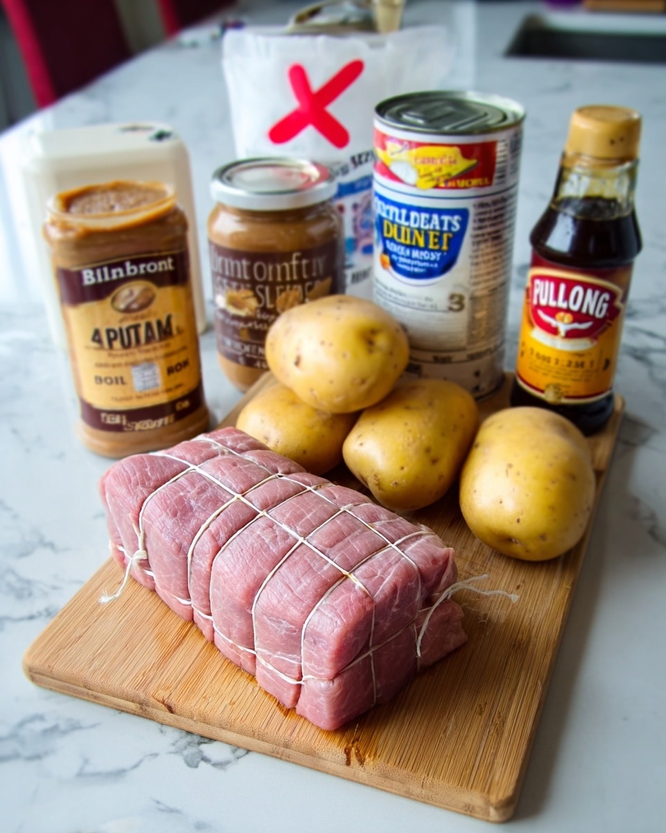 A wooden board holds a piece of raw pork roast tied with string, light pink in color with a smooth surface. Three whole, light brown potatoes sit next to the pork. Behind the board is an assortment of jars and bottles including a white yogurt container with red and white labeling, a bottle of Bullington’s beer with a pale yellow label, a jar of dark brown spread, and bottles of spices and sauces with various yellow and black tops. The setting is on a white marbled texture. Photo taken with an iphone --ar 4:5 --v 7