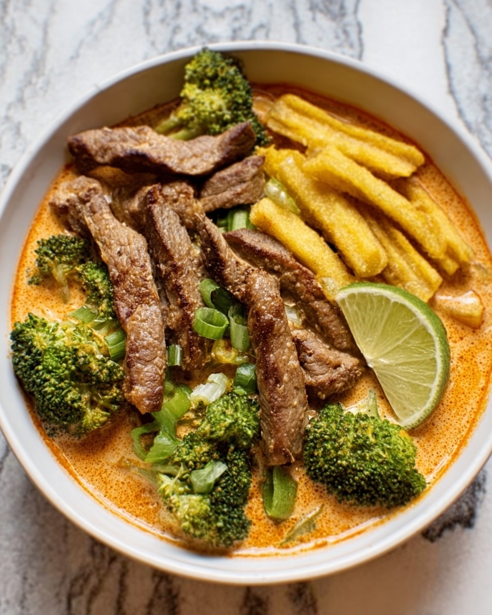 A white bowl with three layers: the bottom layer is a creamy orange sauce covering the base, the middle layer has cooked green broccoli florets and light yellow strips of bamboo shoots spread evenly, and the top layer consists of browned meat strips placed among the vegetables. A wedge of lime sits inside the bowl on the left side. The bowl rests on a white marbled surface. photo taken with an iphone --ar 4:5 --v 7